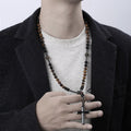 Vintage Yellow Tigers Eye Bead Necklace With A Cross Pendant Long Style