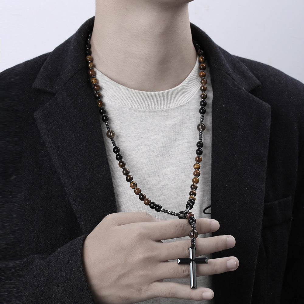 Collier Long Vintage en Perles d'Œil de Tigre Jaune avec Pendentif Croix
