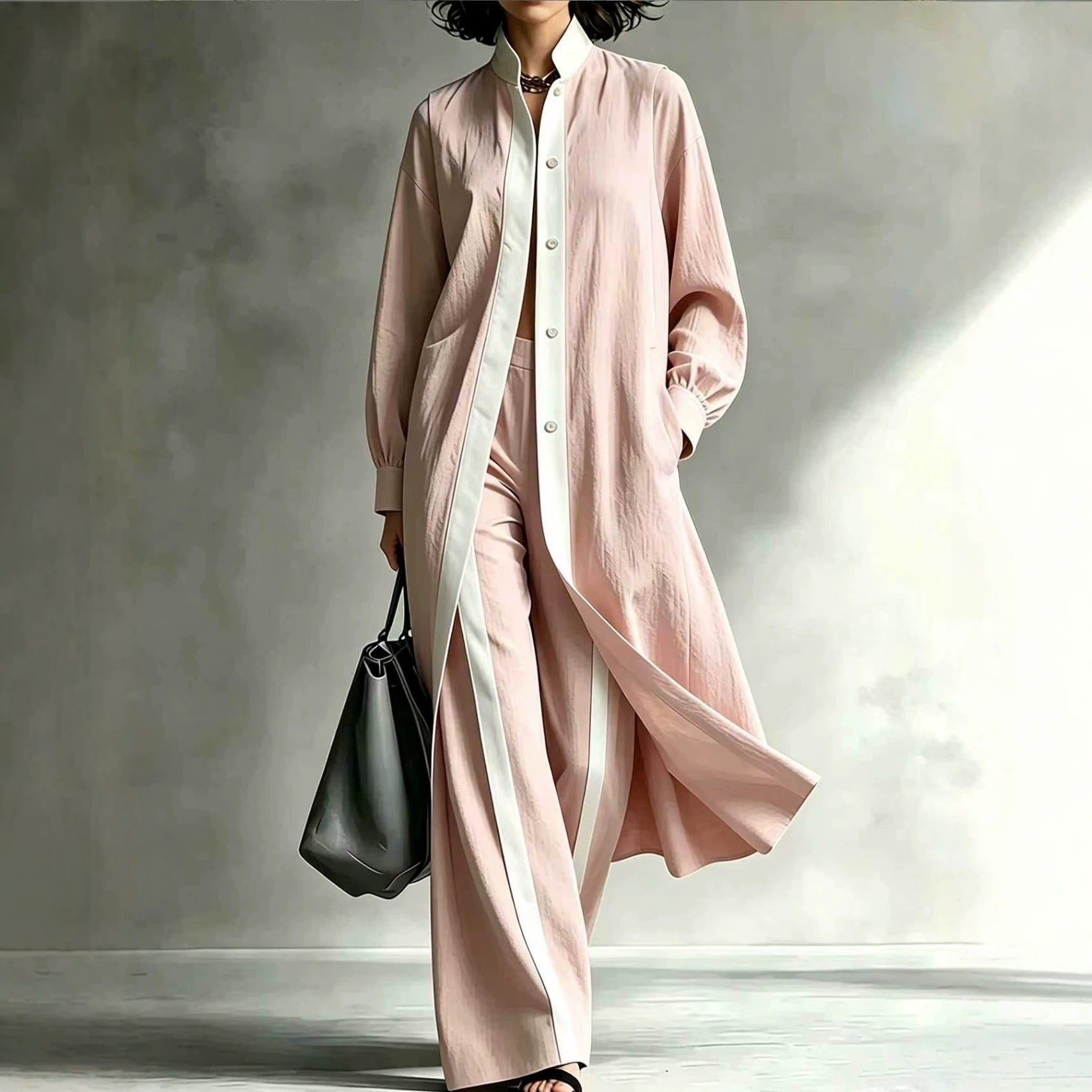 Womens Color-Block Loose-Fit Fashion Long-Sleeve Coat And Pants Set